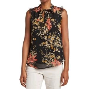 T Tahari Top Womens Small Black Floral Burst Print Sleeveless Tie Neck Blouse